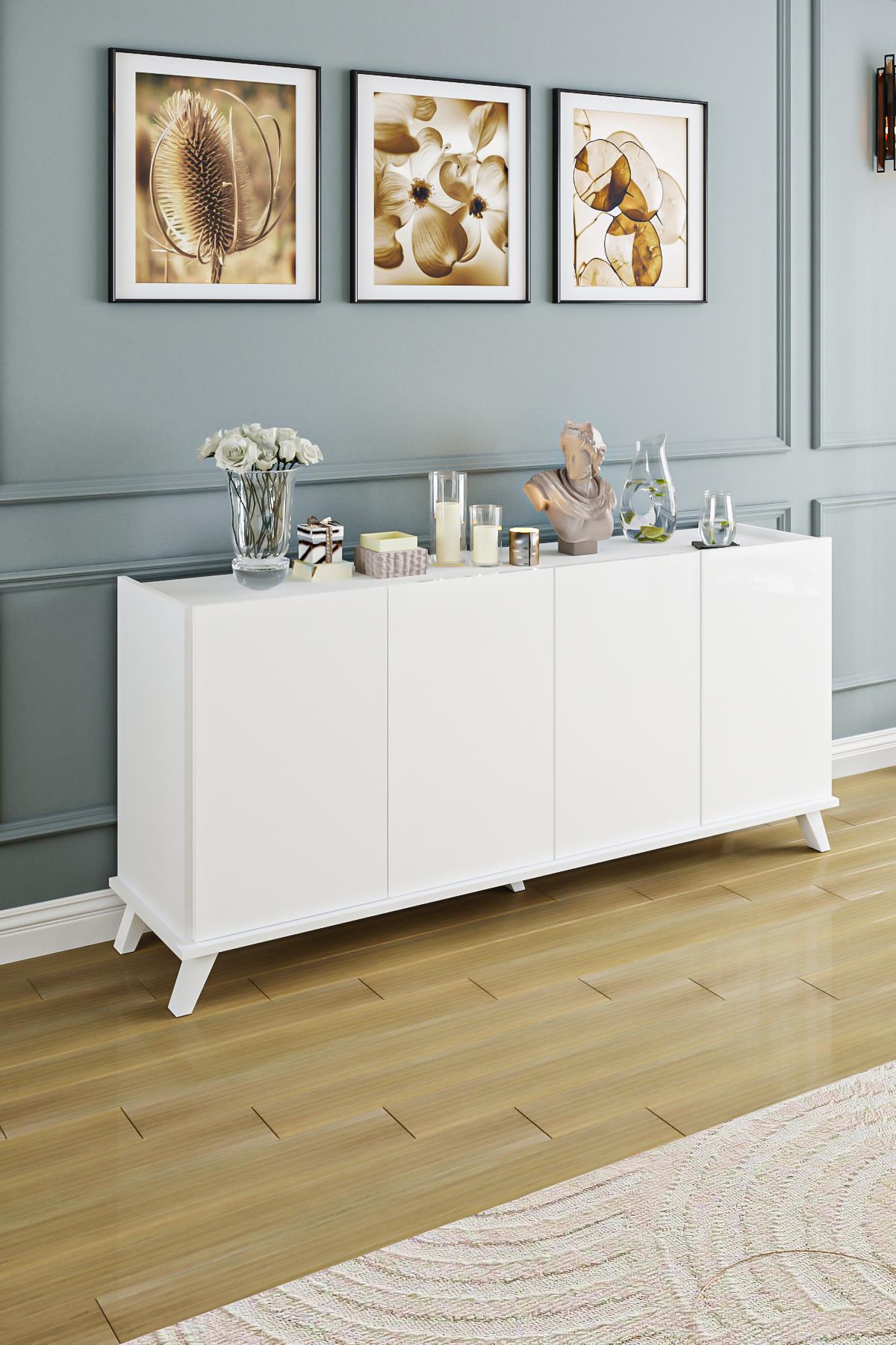 AE-2056 AKEL BEYAZ 4 KAPAKLI GENİŞ KONSOL 180 CM AYAKLI,RAFLI, YEMEK ODASI, TV SEHBASI, MODERN,