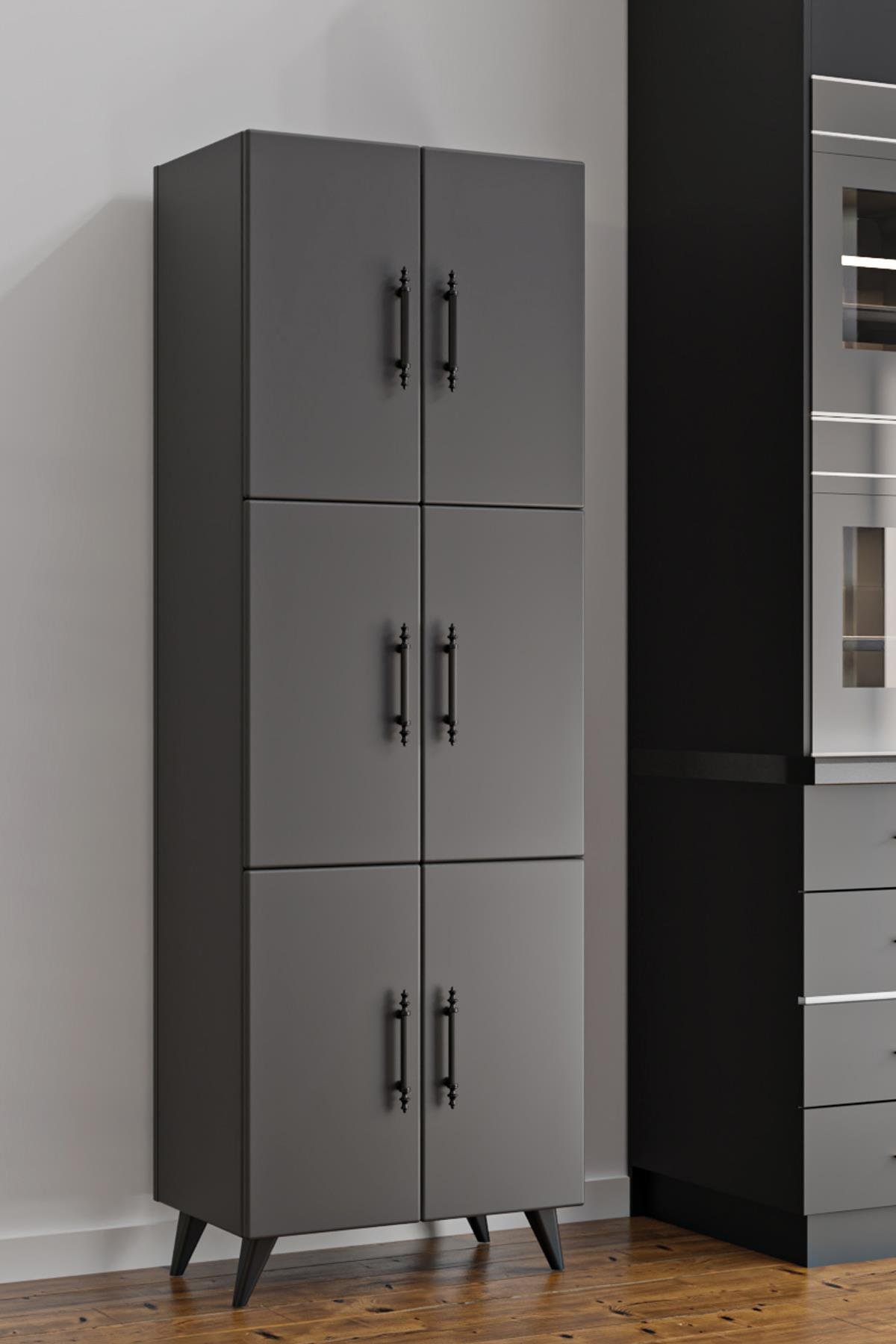 AE-3010 Nehir Antrasit Gri Çok Amaçlı Mutfak Dolabı&Banyo Dolabı,Kiler Dolabı, 6 Kapaklı, 6 Raflı