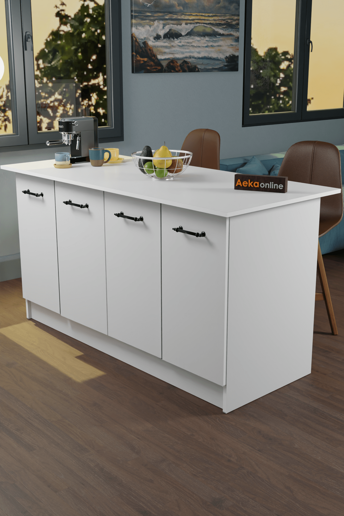 AE-2040 Vera Mutfak Adası Bar Masası Yemek Masası Dolaplı, Beyaz Raflı, Çok Amaçlı 160 cm