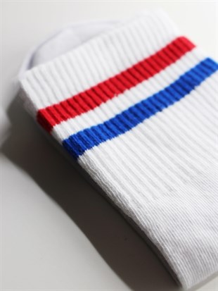 Beyaz Tenis çorap mavi-kırmızı çizgili