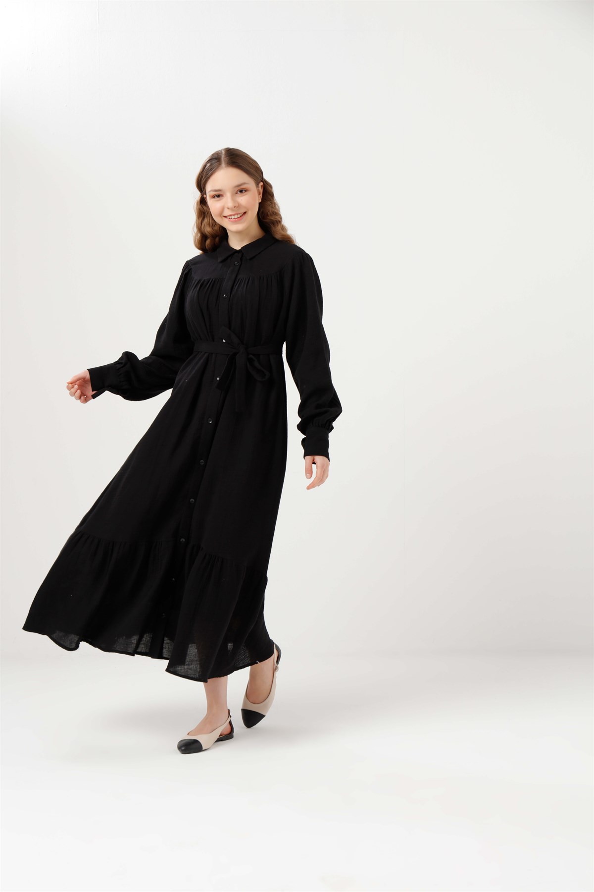 Pamuklu Büzgülü Siyah Elbise | Rabiaca | Tesettür Giyim Modelleri
