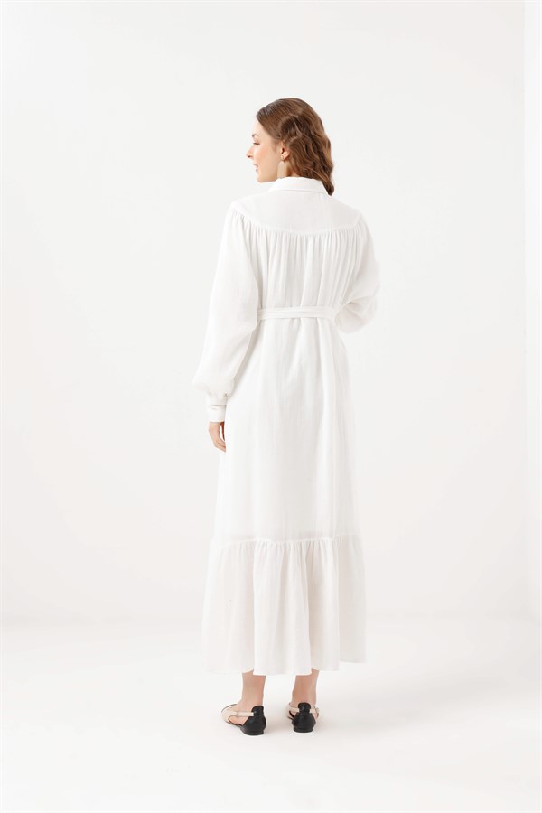 Pamuklu Büzgülü Beyaz Elbise | Rabiaca | Tesettür Giyim Modelleri