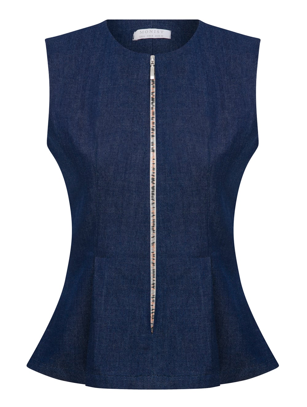 Renkli Fermuarlı Denim Peplum Kolsuz Ceket 