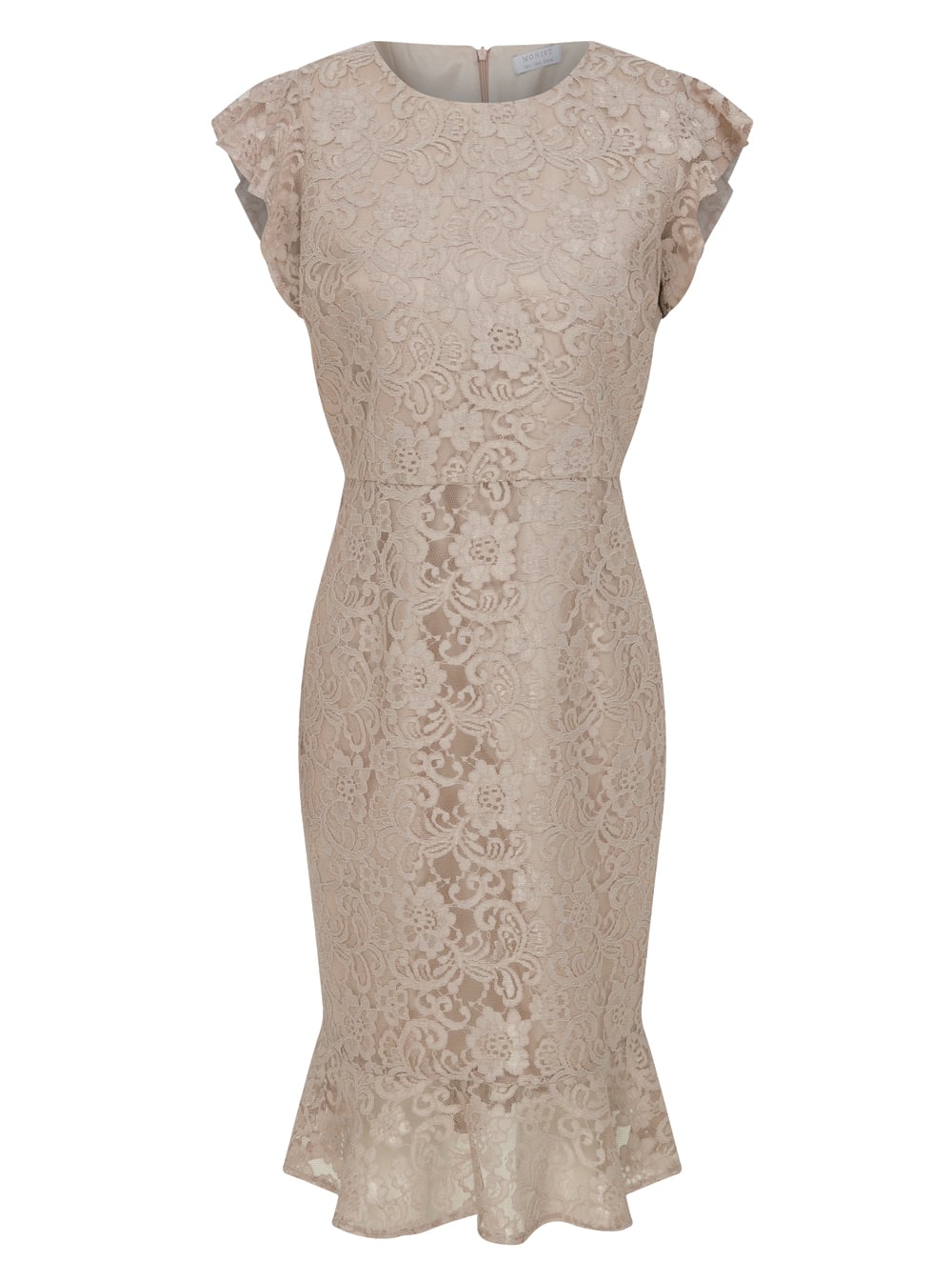 Volanlı Dantel Vizon Elbise