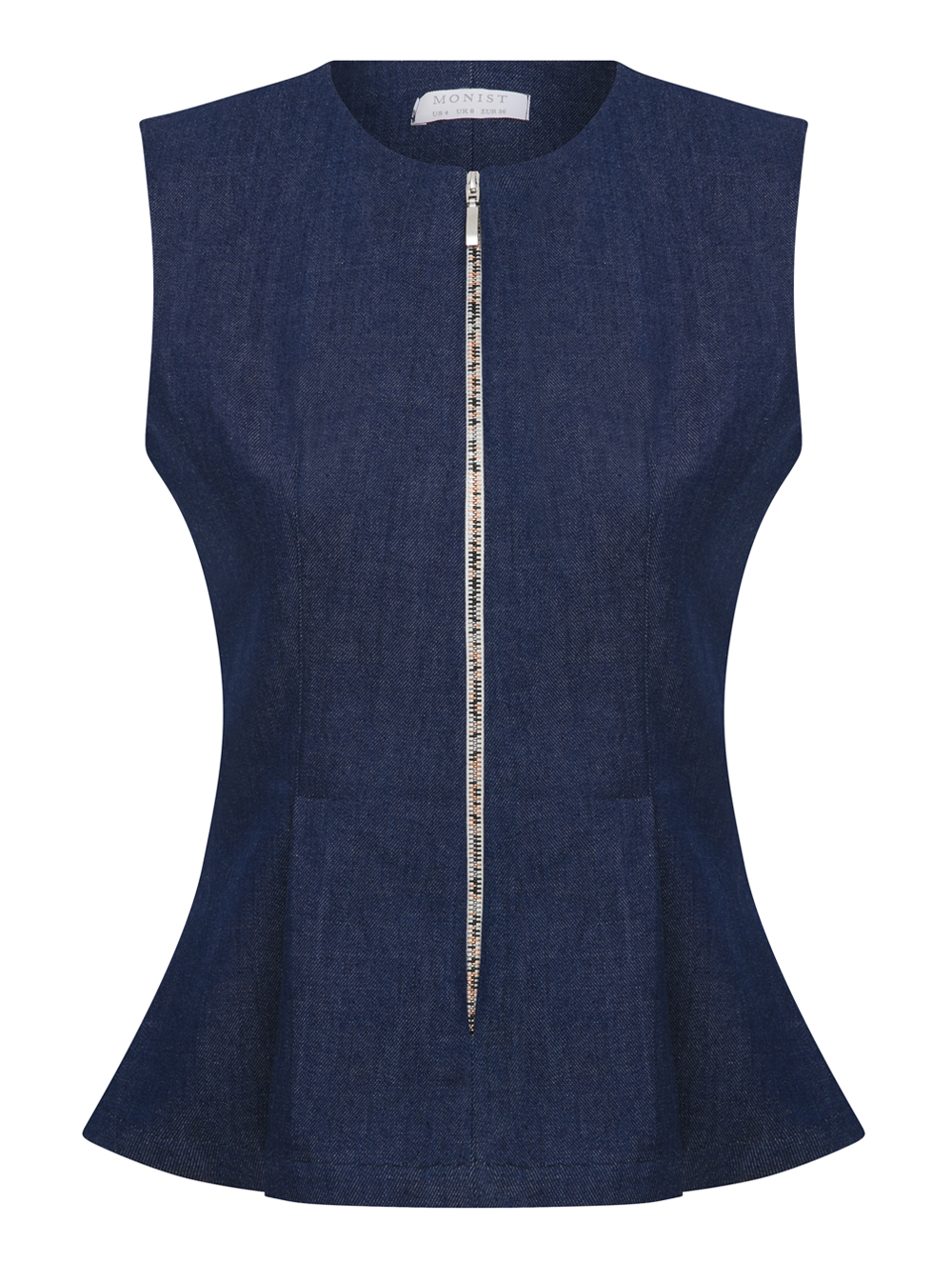 Renkli Fermuarlı Denim Peplum Kolsuz Ceket 