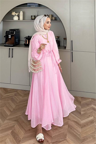 51153 DÜĞMELİ ŞİFON ELBİSE-PEMBE