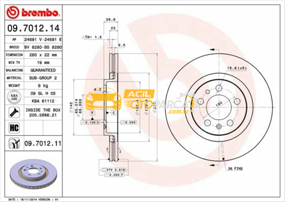 Audi BREMBO 09.7012.14 | Fren Diski Ön-(VW Golf 98-06 Audi A3 97-03 Seat Leon 00-06) 280×22 5×100 | 2 Adet