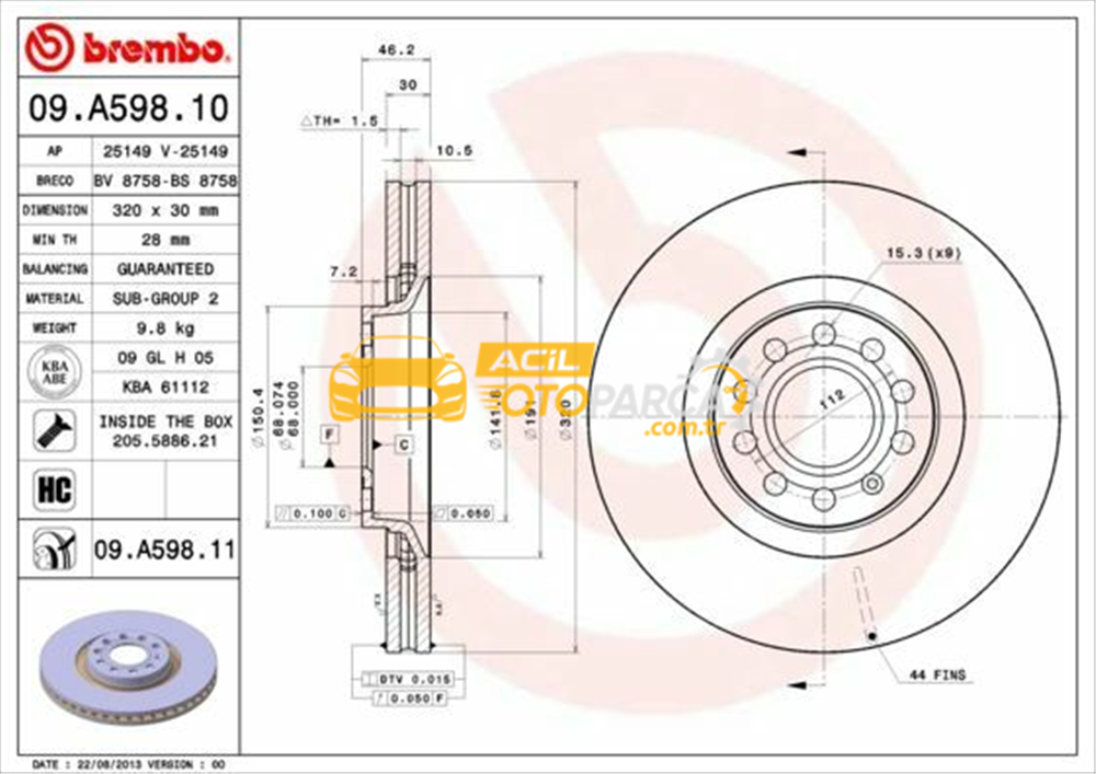 Audi BREMBO 09.A598.11 | Fren Diski Ön (Audi A4 98-08 A6 98-05 Seat Exeo 09-14) 320×30 5×112 | 2 Adet