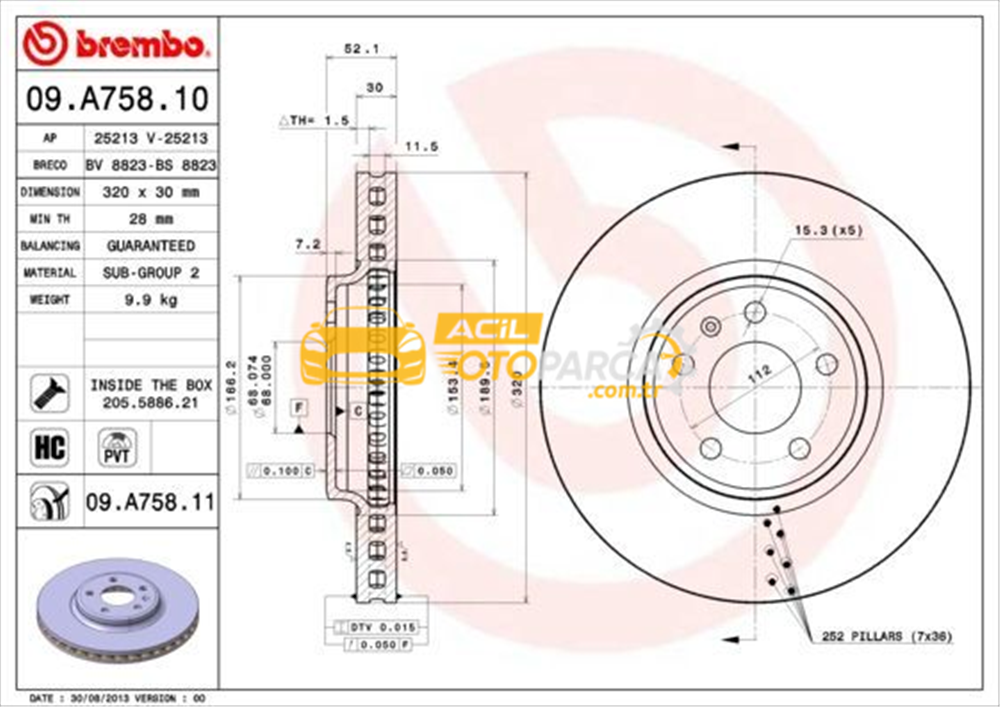 Audi BREMBO 09.A758.11 | Fren Diski VW A4-A5 08-Ön 320X30 | 2 Adet