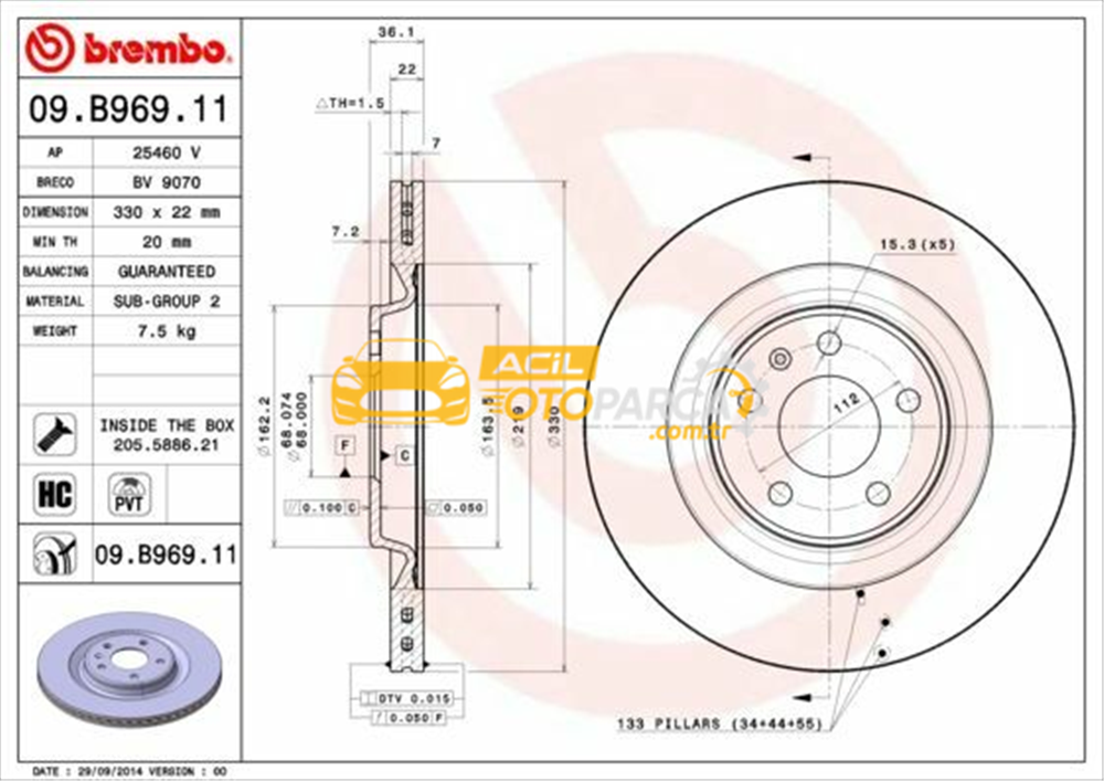 Audi BREMBO 09.B969.11 | Fren Diski VW A6-A8-A4 2010- Quatro Arka 330X22 | 2 Adet
