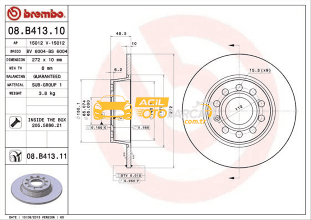Volkswagen BREMBO 08.B413.11 | Fren Diski VW Golf V-VI Jetta Arka 272X10 | 2 Adet