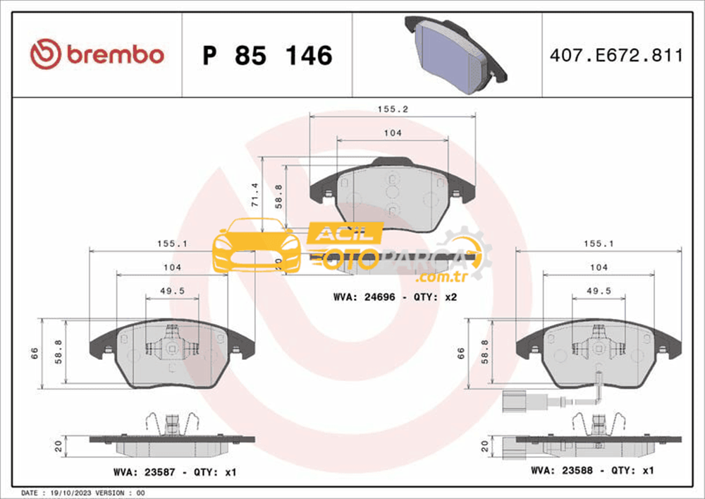 Volkswagen BREMBO P85146 | Ön Fren Balatası-Kablolu-(VW Caddy 04-15 Golf 04-14 Passat 06-11 Polo 10-Audi A3 04-13