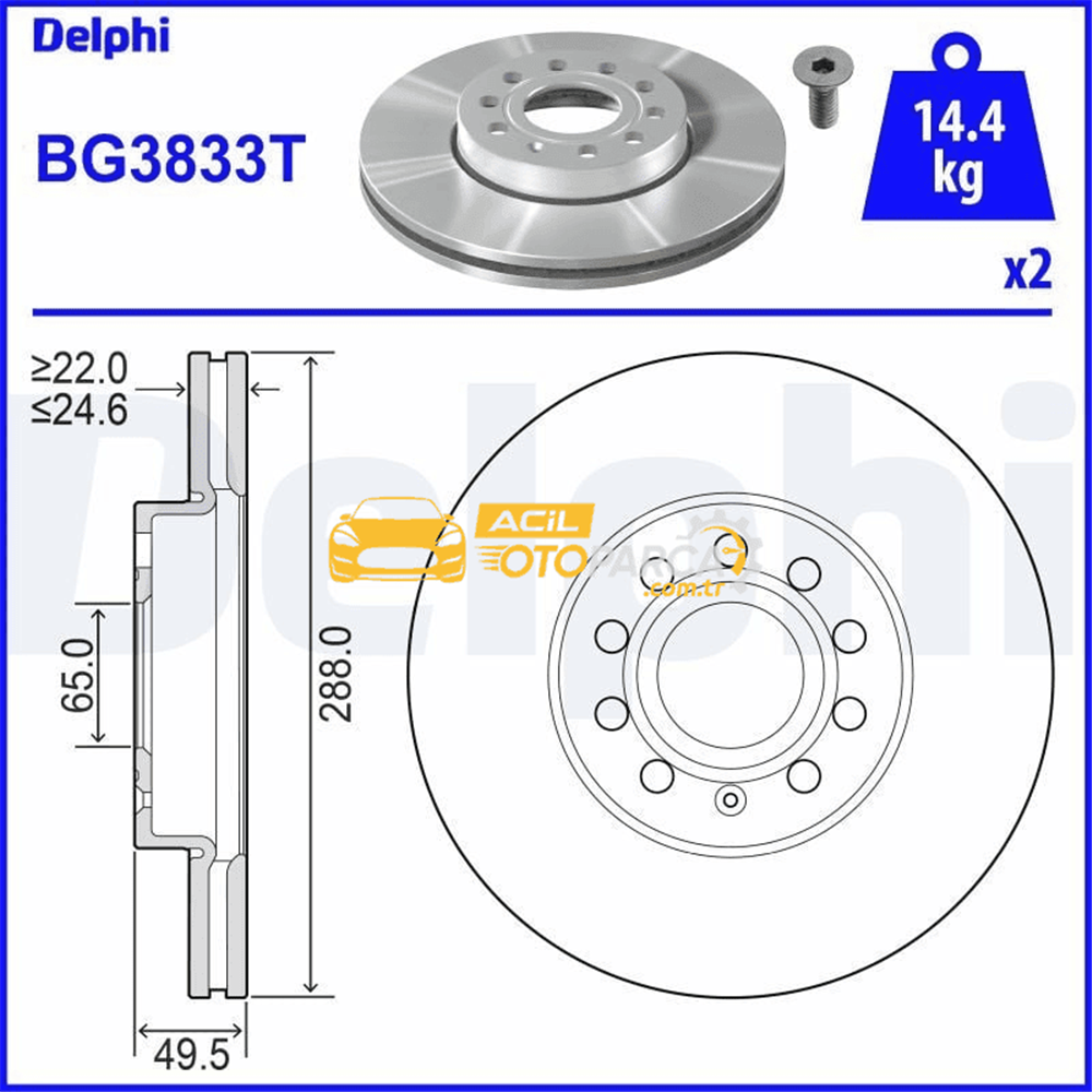 Volkswagen DELPHI BG3833T | Disk On 05-Golf.5.6-Jtt-Cdd-Oct-Leo-A3 (Ø=288) Kaplamalı | 1 Adet