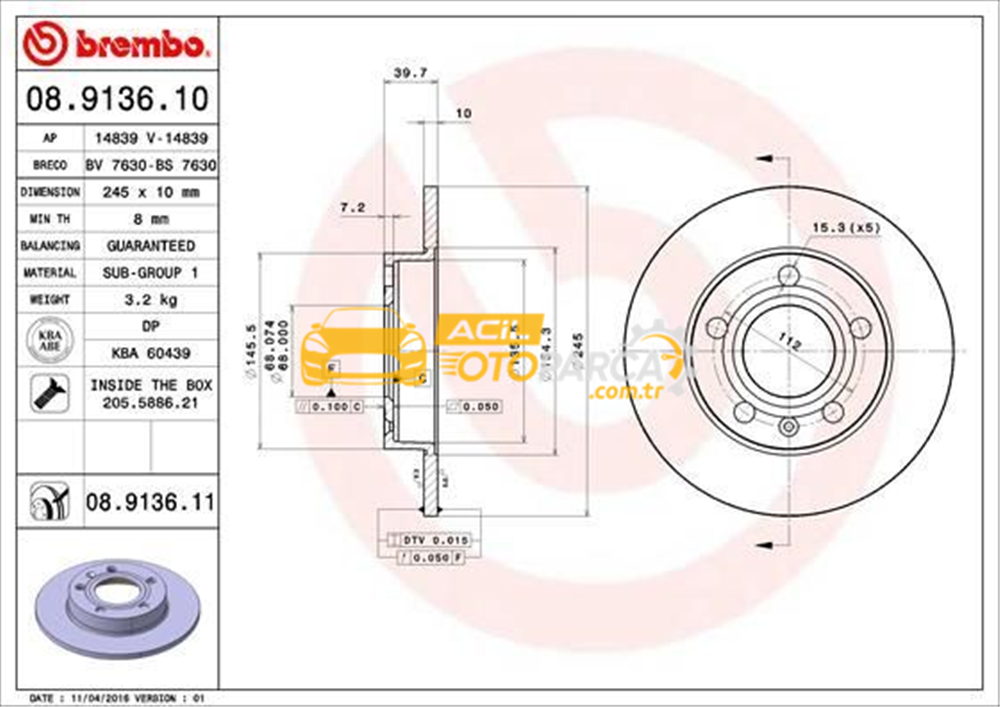 Audi BREMBO 08.9136.10 | Fren Diski Arka (Audi A4 01-08 Seat Exeo 09-14) | 2 Adet