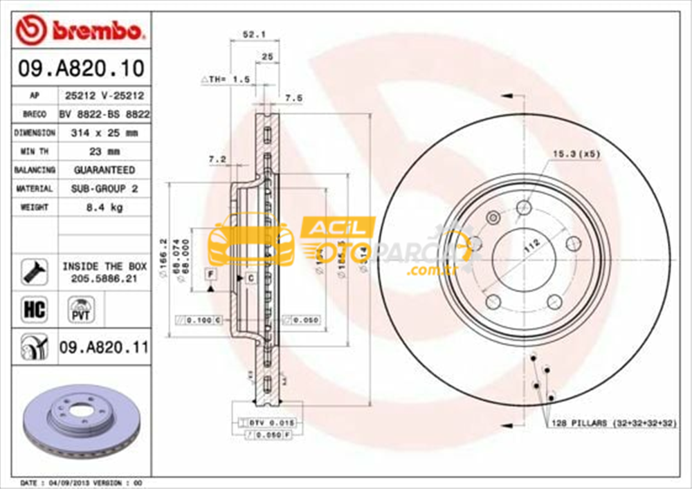 Audi BREMBO 09.A820.10 | Fren Diski VW A4-A5 08-Ön 314X25 | 2 Adet