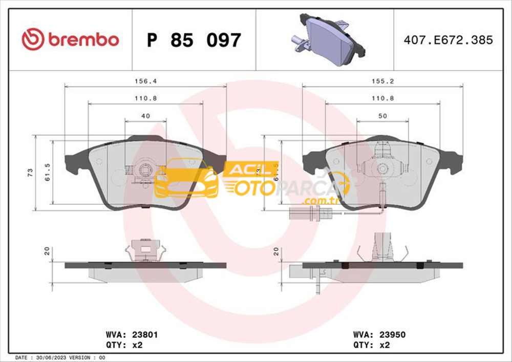Audi BREMBO P85097 | Fren Balatası Ön Kablolu (Audi A6 05-11 A4 01-08)