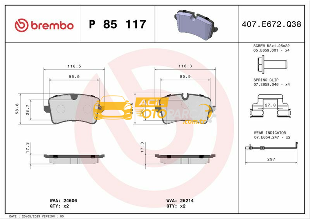 Audi BREMBO P85117 | Fren Balatası Arka 16mm (Audi A6 15-18 A7 11-18)