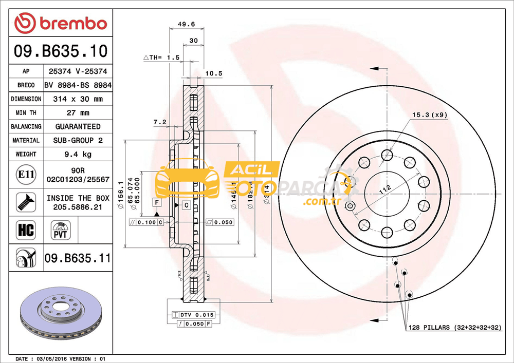 Volkswagen BREMBO 09.B635.11 | Fren Diski Ön-(VW Tiguan 16-Seat Alhambra 11-Skoda Kodiaq 17 -) | 1 Adet