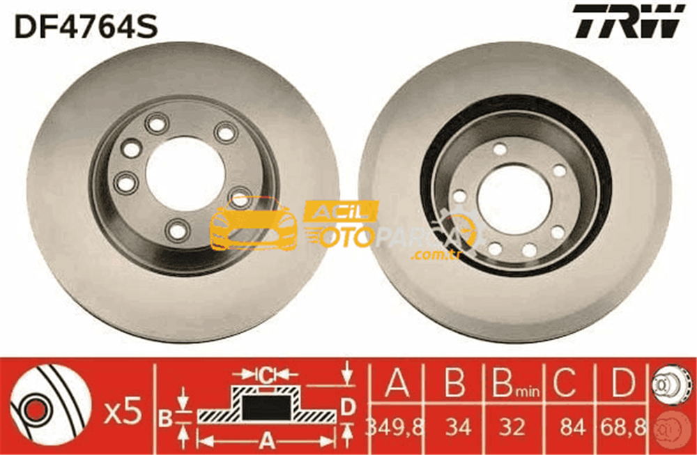 Volkswagen TRW DF4764S | Disk On (Ad) Sol 03-Touareg-Q7-Cayenne Kaplamalı (Ø=350) (Kutu Fıyat Tek) | 1 Adet