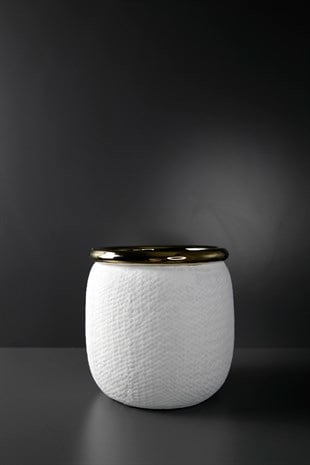 Gold Ağızlı Beyaz Seramik Vazo 19 Cm