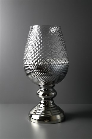 Gri Cam Gümüş Ayaklı Dekoratif Kısa Vazo 39 Cm