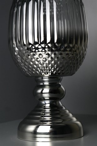 Gri Cam Gümüş Tabanlı Kısa Dekoratif Vazo
