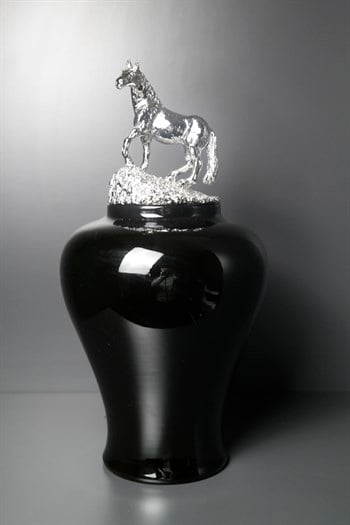 Gümüş At Figürlü Kapak Siyah Küp 45cn Dekoratif Küp
