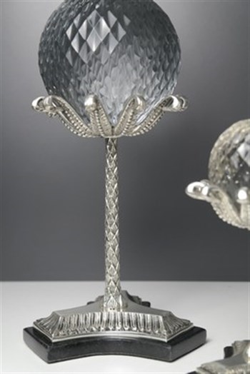 Gümüş Cam Küre Uzun 3lü Kristal Pirinç Gövde Mermer Taban Dekoratif Obje 31-22-20 Cm
