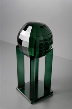 Kristal Lazer Kesim Yeşil Geometrik Desenli Cam Kaideli Cam Küre Dekoratif Obje