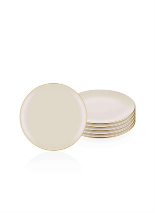 Pasta Tabağı 6lı Set Krem Basic Gold Detay Porselen 19 Cm