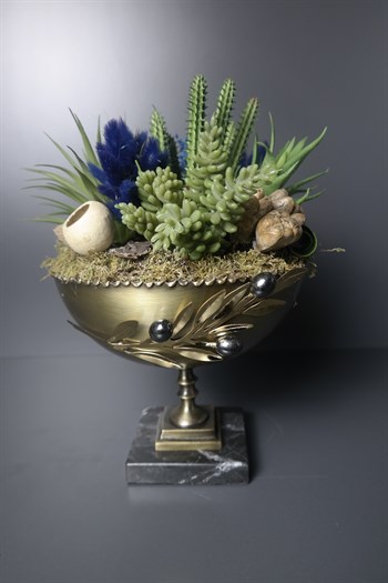 Pirinç Metal Mermer Kaideli Kase Yapay Çiçek Arajmanlı 29 Cm Dekoratif Yapay Çiçek