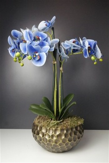 Pirinç Metal Saksı Mavi Orkide Yapay Çiçek Arajmanlı 60 Cm