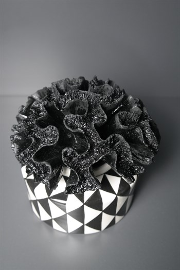 Siyah Beyaz Zigzak Desenli Mercan Kapaklı Yayvan Dekoratif Küp 17 Cm