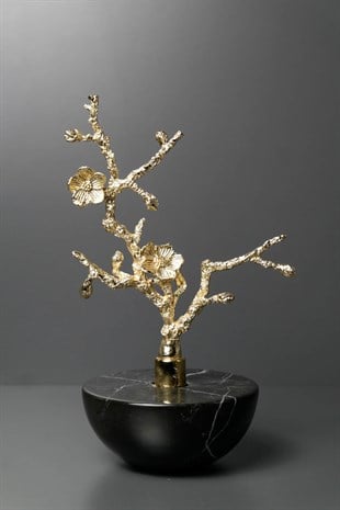 Siyah Mermer Yarım Küre Gold Metal Çiçek Dekor