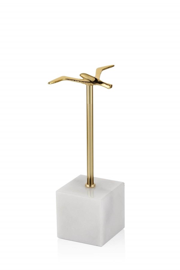 Beyaz Mermer Kaideli Gold Metal Gövdeli Minyatür Kuş Objesi 26 Cm Dekoratif Ev Aksesuarları