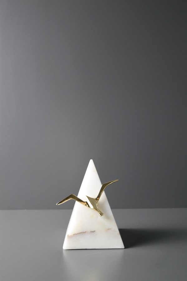 Beyaz Mermer Piramit Gold  Kuşlu Obje Küçük