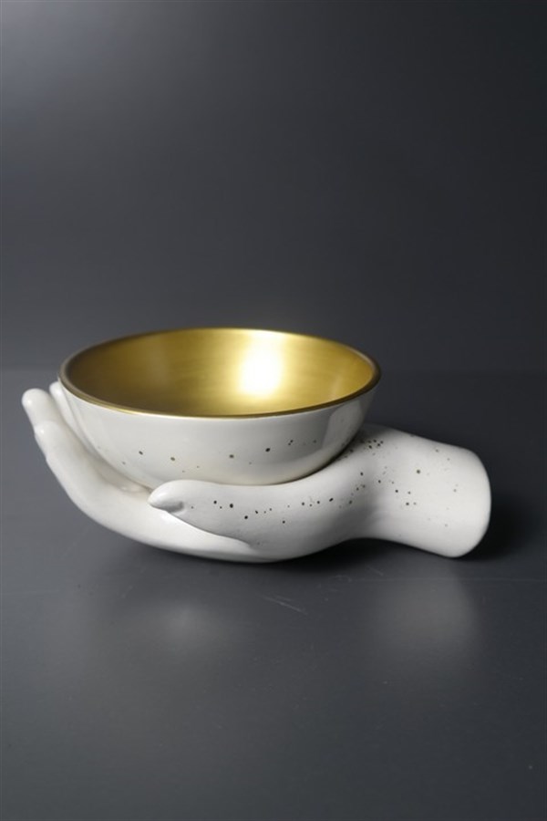Beyaz Seramik El Tasarım Tabanlı Gold Detaylı Dekoratif Kase Dekoratif Kase