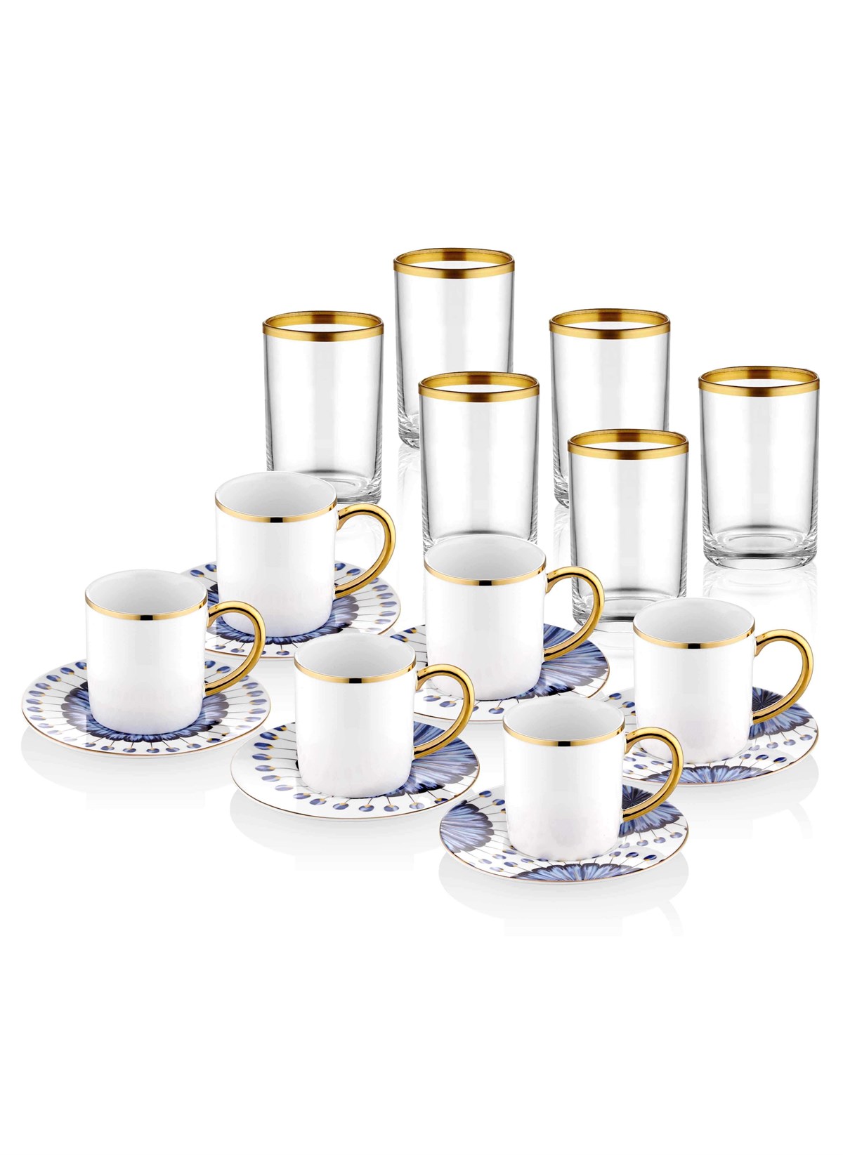 Türk Kahvesi 6lı Fincan Takımı Porselen Beyaz Mavi Gold Cam Su Bardaklı Set  Fiyatları | Joy Home Accessories