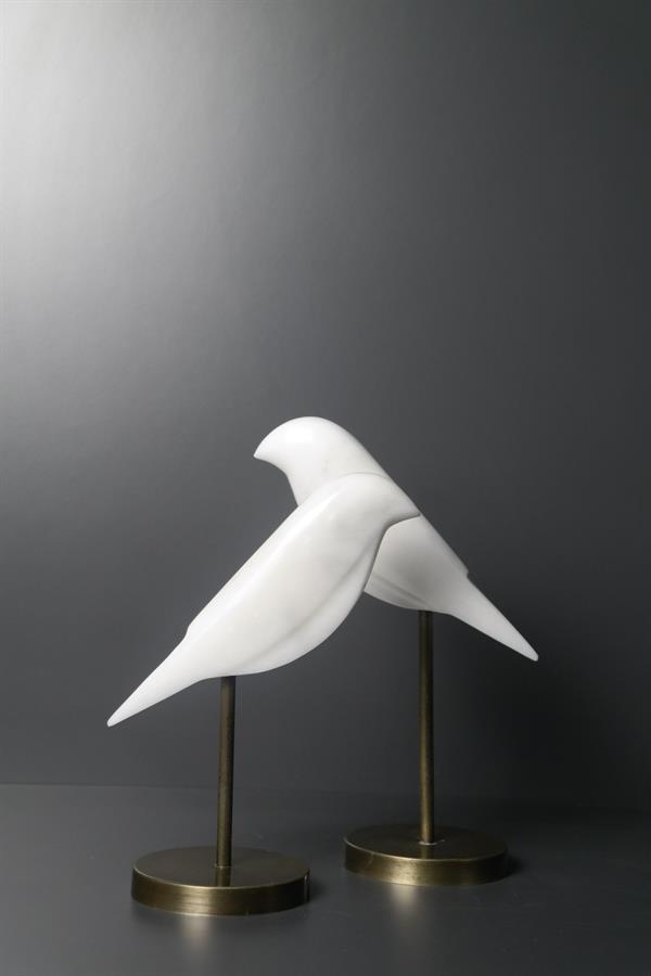 El Yapımı Kaideli Beyaz Mermer Kuş Figürlü 2'li Dekoratif Aksesuar Dekoratif Obje