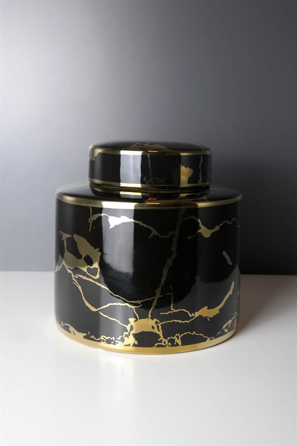 Gold Detaylı Siyah Seramik Memer Görünümlü Kutu Kavanoz 21 Cm Dekoratif Ev Aksesuarları