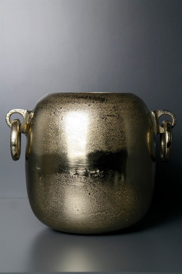 Gold Döküm Demir Küpeli Kulplu Metal Vazo Büyük 21 Cm Dekoratif Ev Aksesuarları