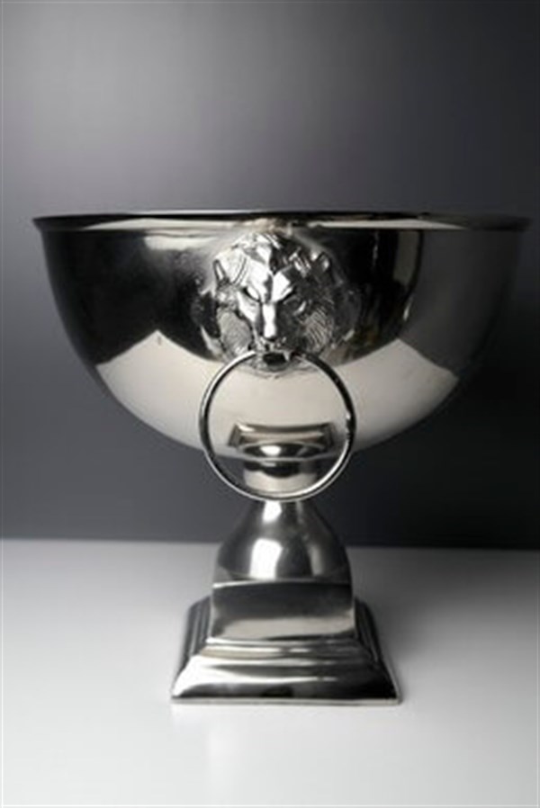 Gümüş Renk Metal Aslan Detaylı Kulplu Geniş Dekoratif Kase 35 Cm Dekoratif Kase
