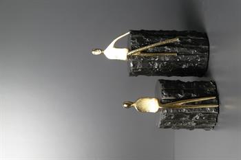 2'li Gold Metal Adam Detaylı Siyah Mermer Kaideli Dekoratif Obje 23 ve 17 Cm Dekoratif Obje