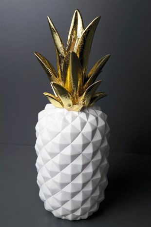 Beyaz Deniz Kabuğu Desenli  Gold Detaylı Polyresin Dekoratif Ananas Figürü 37 Cm Dekoratif Ev Aksesuarları