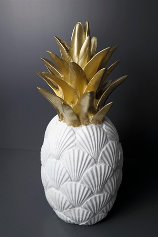 Beyaz Deniz Kabuğu Desenli  Gold Detaylı Polyresin Dekoratif Ananas Figürü 42 Cm Dekoratif Ev Aksesuarları
