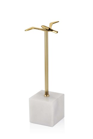 Beyaz Mermer Kaideli Gold Metal Gövdeli Minyatür Kuş Objesi 32 Cm Dekoratif Ev Aksesuarları