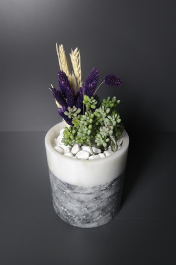 Beyaz Mermer Kase Çiçek Aranjmanlı  25 Cm Dekoratif Kase