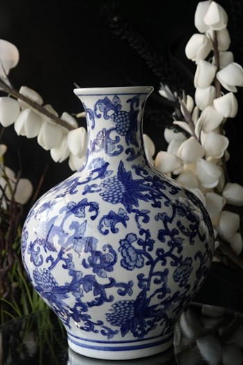 Blue Blanc Beyaz Mavi Çiçek Desenli Porselen Vazo 34 Cm Dekoratif Vazo