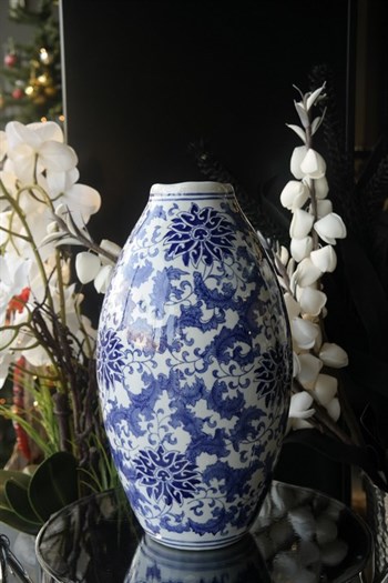 Blue Blanc Çiçek Desenli Seramik Vazo 40 Cm Dekoratif Vazo
