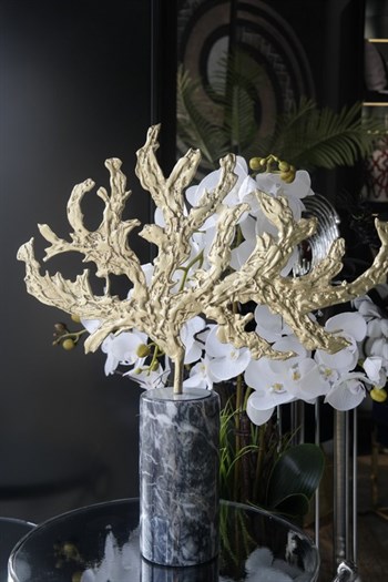 El Yapımı Dekoratif Obje Gri Mermer Kaideli Gold Metal Pirinç Gövde Ağaç Temalı Dekoratif Obje